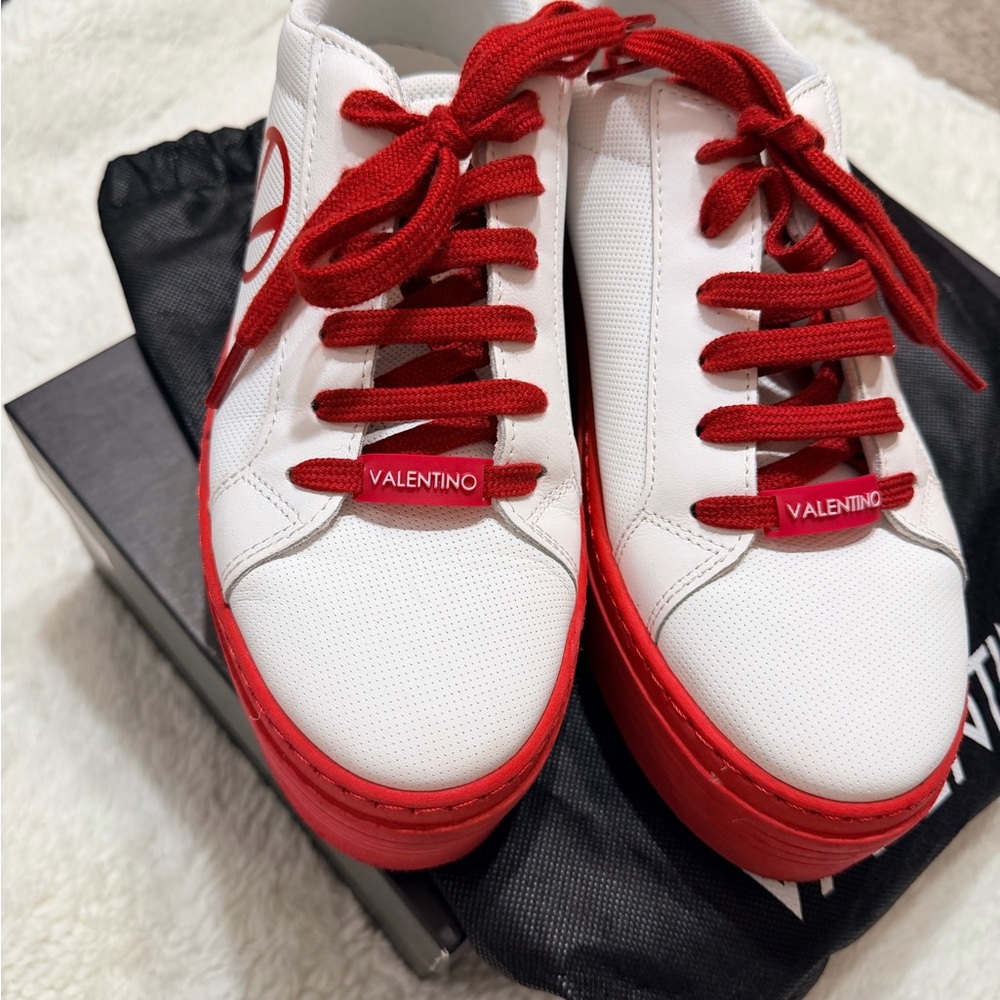 Valentino White and Red Platform Leather Sneakers